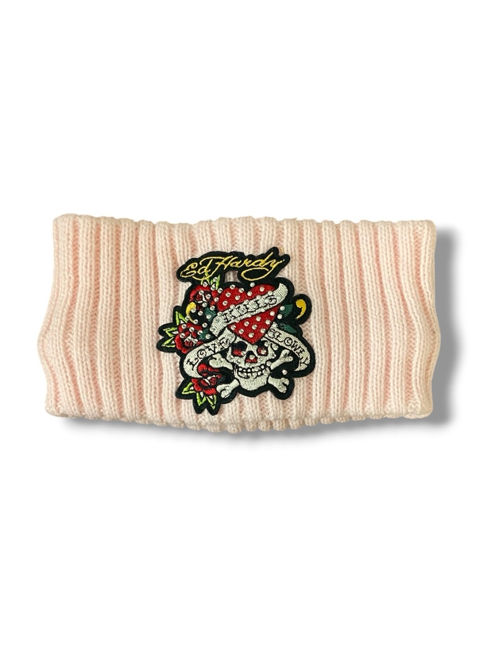 Ed Hardy Pink Knit Headband Skull Heart Rhinestone Y2K Tattoo Ear Warmer